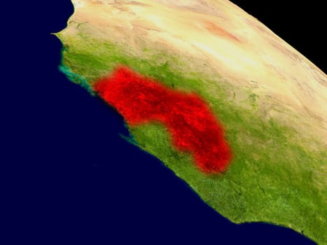 Guinea from space in red. 3D illustration with highly detailed realistic planet surface. Elements of this image furnished by NASA.