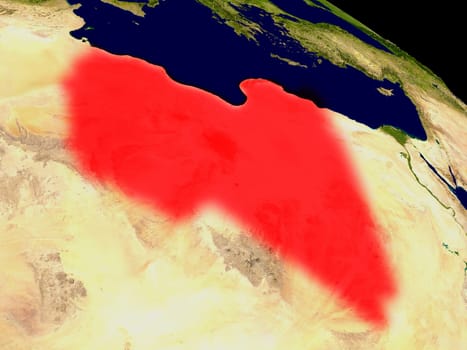 Libya from space in red. 3D illustration with highly detailed realistic planet surface. Elements of this image furnished by NASA.