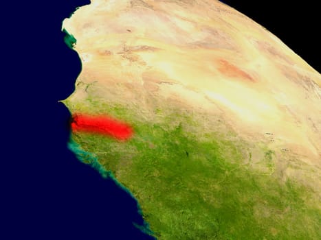 Gambia from space in red. 3D illustration with highly detailed realistic planet surface. Elements of this image furnished by NASA.