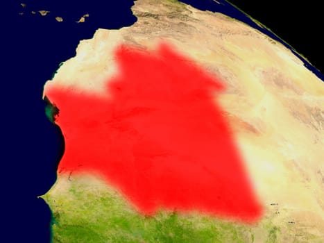 Mauritania from space in red. 3D illustration with highly detailed realistic planet surface. Elements of this image furnished by NASA.