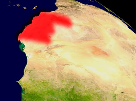 Western Sahara from space in red. 3D illustration with highly detailed realistic planet surface. Elements of this image furnished by NASA.