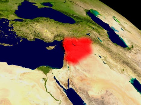 Syria from space in red. 3D illustration with highly detailed realistic planet surface. Elements of this image furnished by NASA.