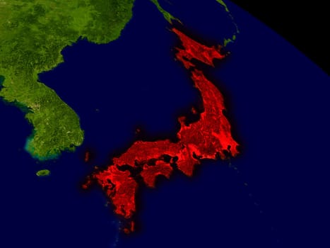 Japan from space in red. 3D illustration with highly detailed realistic planet surface. Elements of this image furnished by NASA.