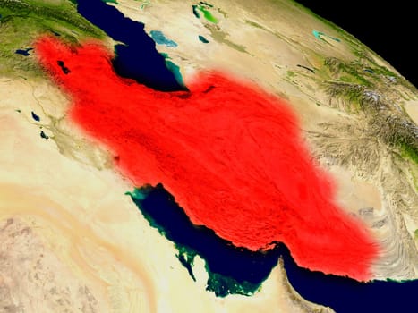Iran from space in red. 3D illustration with highly detailed realistic planet surface. Elements of this image furnished by NASA.