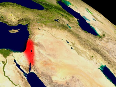 Israel from space in red. 3D illustration with highly detailed realistic planet surface. Elements of this image furnished by NASA.