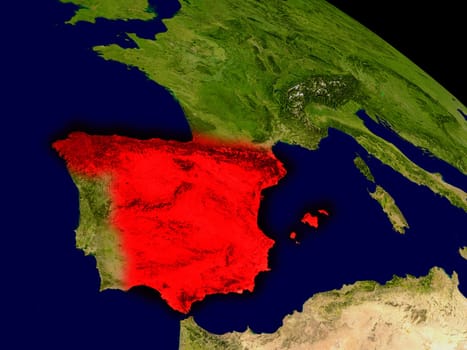 Spain from space in red. 3D illustration with highly detailed realistic planet surface. Elements of this image furnished by NASA.