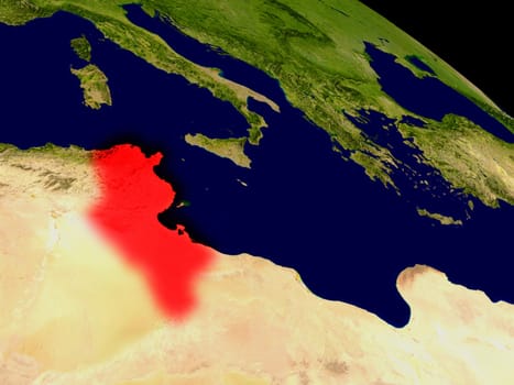 Tunisia from space in red. 3D illustration with highly detailed realistic planet surface. Elements of this image furnished by NASA.