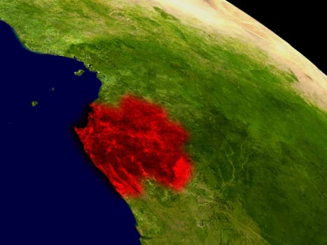 Gabon from space in red. 3D illustration with highly detailed realistic planet surface. Elements of this image furnished by NASA.