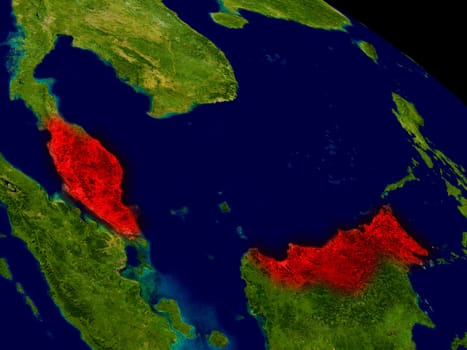 Malaysia from space in red. 3D illustration with highly detailed realistic planet surface. Elements of this image furnished by NASA.