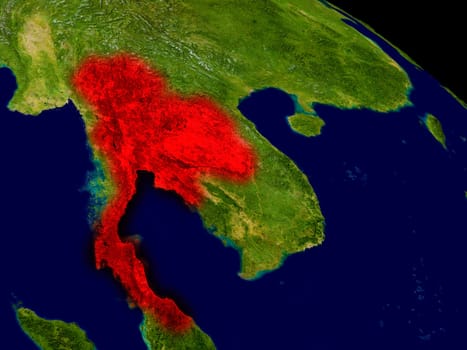 Thailand from space in red. 3D illustration with highly detailed realistic planet surface. Elements of this image furnished by NASA.