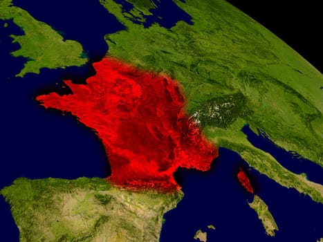 France from space in red. 3D illustration with highly detailed realistic planet surface. Elements of this image furnished by NASA.