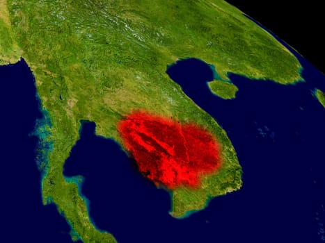 Cambodia from space in red. 3D illustration with highly detailed realistic planet surface. Elements of this image furnished by NASA.