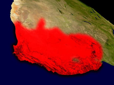South Africa from space in red. 3D illustration with highly detailed realistic planet surface. Elements of this image furnished by NASA.