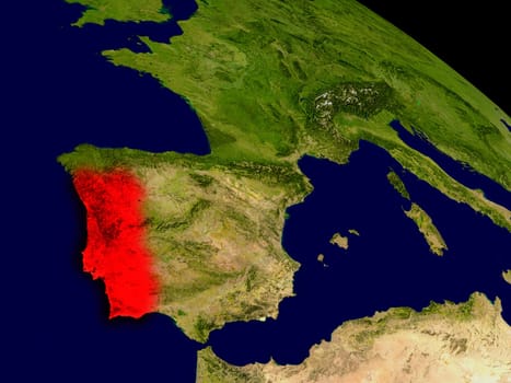 Portugal from space in red. 3D illustration with highly detailed realistic planet surface. Elements of this image furnished by NASA.