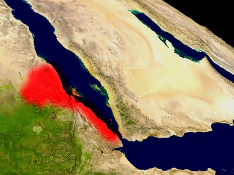 Eritrea from space in red. 3D illustration with highly detailed realistic planet surface. Elements of this image furnished by NASA.