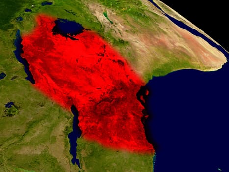 Tanzania from space in red. 3D illustration with highly detailed realistic planet surface. Elements of this image furnished by NASA.