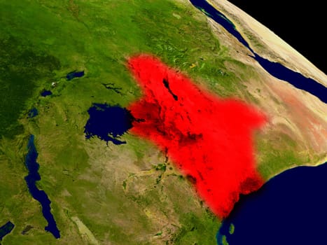 Kenya from space in red. 3D illustration with highly detailed realistic planet surface. Elements of this image furnished by NASA.