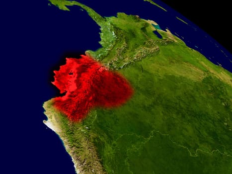 Ecuador from space in red. 3D illustration with highly detailed realistic planet surface. Elements of this image furnished by NASA.