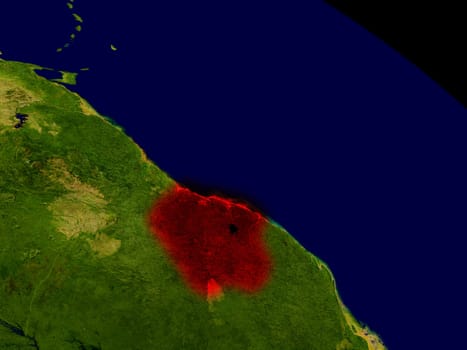 Suriname from space in red. 3D illustration with highly detailed realistic planet surface. Elements of this image furnished by NASA.