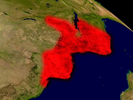 Mozambique from space in red. 3D illustration with highly detailed realistic planet surface. Elements of this image furnished by NASA.