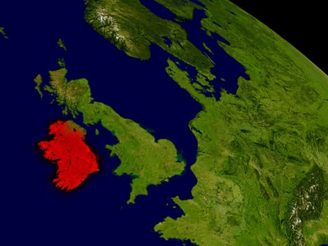 Ireland from space in red. 3D illustration with highly detailed realistic planet surface. Elements of this image furnished by NASA.