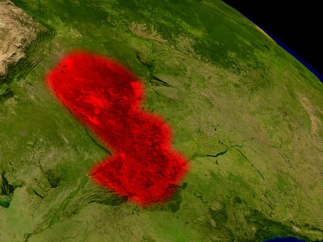 Paraguay from space in red. 3D illustration with highly detailed realistic planet surface. Elements of this image furnished by NASA.