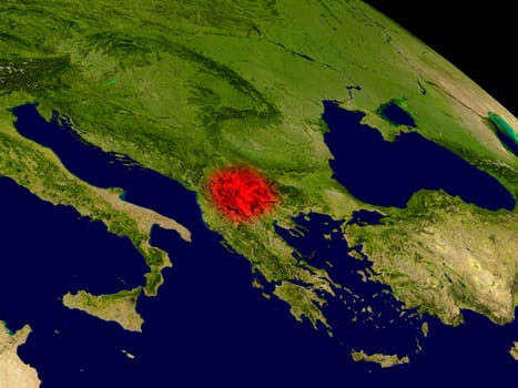 Macedonia from space in red. 3D illustration with highly detailed realistic planet surface. Elements of this image furnished by NASA.