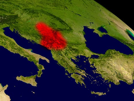 Serbia from space in red. 3D illustration with highly detailed realistic planet surface. Elements of this image furnished by NASA.