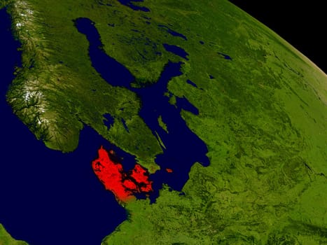 Denmark from space in red. 3D illustration with highly detailed realistic planet surface. Elements of this image furnished by NASA.