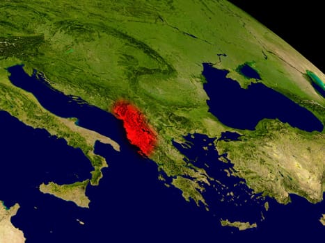 Albania from space in red. 3D illustration with highly detailed realistic planet surface. Elements of this image furnished by NASA.