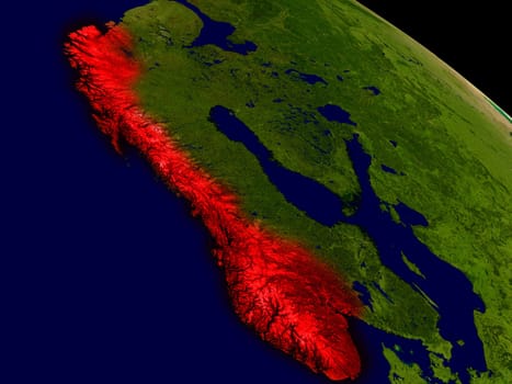 Norway from space in red. 3D illustration with highly detailed realistic planet surface. Elements of this image furnished by NASA.