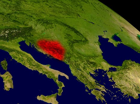 Bosnia from space in red. 3D illustration with highly detailed realistic planet surface. Elements of this image furnished by NASA.