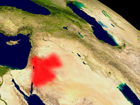 Jordan from space in red. 3D illustration with highly detailed realistic planet surface. Elements of this image furnished by NASA.