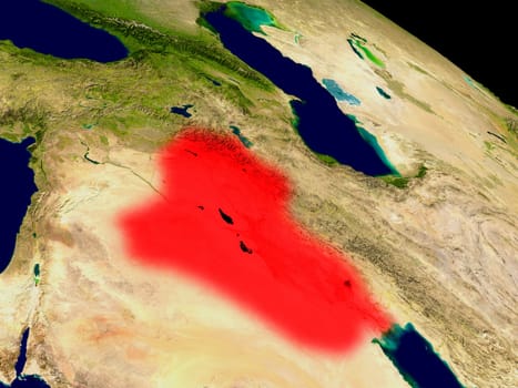 Iraq from space in red. 3D illustration with highly detailed realistic planet surface. Elements of this image furnished by NASA.