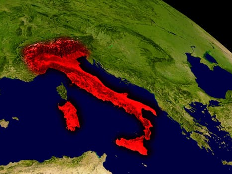 Italy from space in red. 3D illustration with highly detailed realistic planet surface. Elements of this image furnished by NASA.