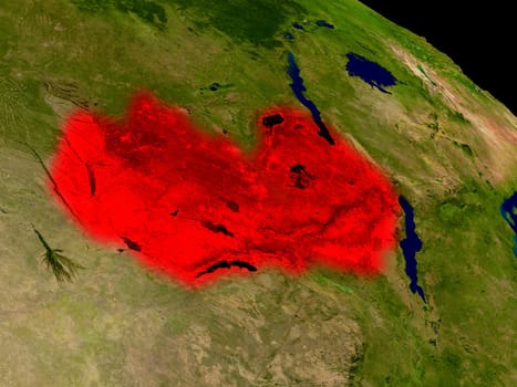 Zambia from space in red. 3D illustration with highly detailed realistic planet surface. Elements of this image furnished by NASA.