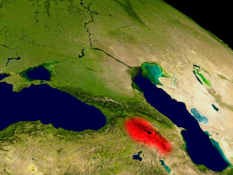 Armenia from space in red. 3D illustration with highly detailed realistic planet surface. Elements of this image furnished by NASA.