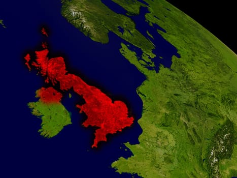 United Kingdom from space in red. 3D illustration with highly detailed realistic planet surface. Elements of this image furnished by NASA.