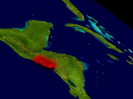 El Salvador from space in red. 3D illustration with highly detailed realistic planet surface. Elements of this image furnished by NASA.