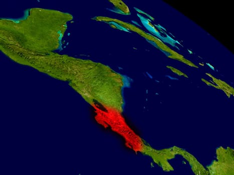 Costa Rica from space in red. 3D illustration with highly detailed realistic planet surface. Elements of this image furnished by NASA.