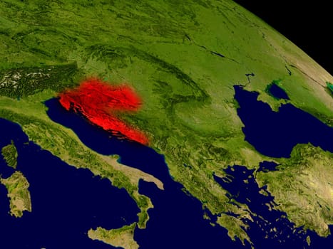 Croatia from space in red. 3D illustration with highly detailed realistic planet surface. Elements of this image furnished by NASA.