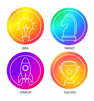 Smooth color gradient icon template set with business logo set. Start up, Idea, Success, strategy concept icons set. Vector illustration.