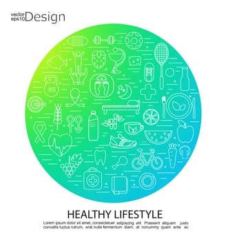 Smooth color gradient circle frame with line food, health, sport icons. Healthy lifestyle concept. Vector illustration.