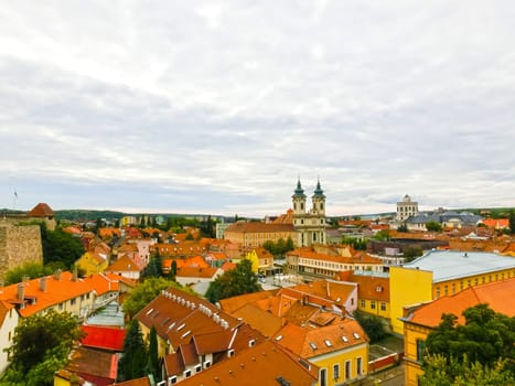 Panoramic view of Eger city and red roofs in Hungary
