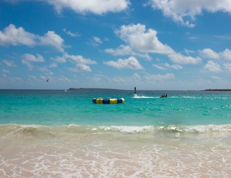 The new spectacular extreme sport called flyboard at Caribbean tropical beach