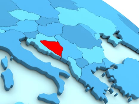 3D illustration of Bosnia highlighted in red color on blue globe