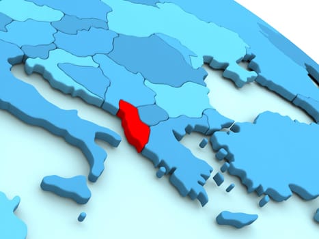 3D illustration of Albania highlighted in red color on blue globe
