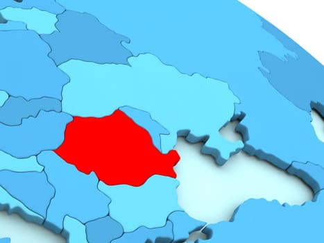3D illustration of Romania highlighted in red color on blue globe