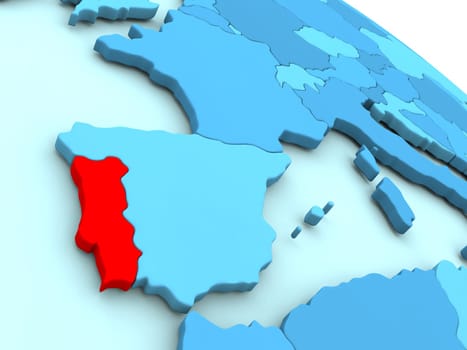 3D illustration of Portugal highlighted in red color on blue globe