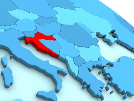 3D illustration of Croatia highlighted in red color on blue globe